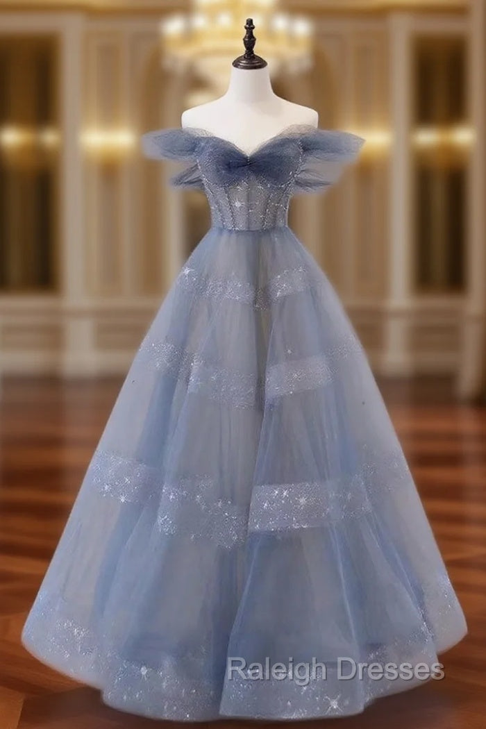 Blue Tulle Off Shoulder Long Prom dress, Blue A line Evening Dress