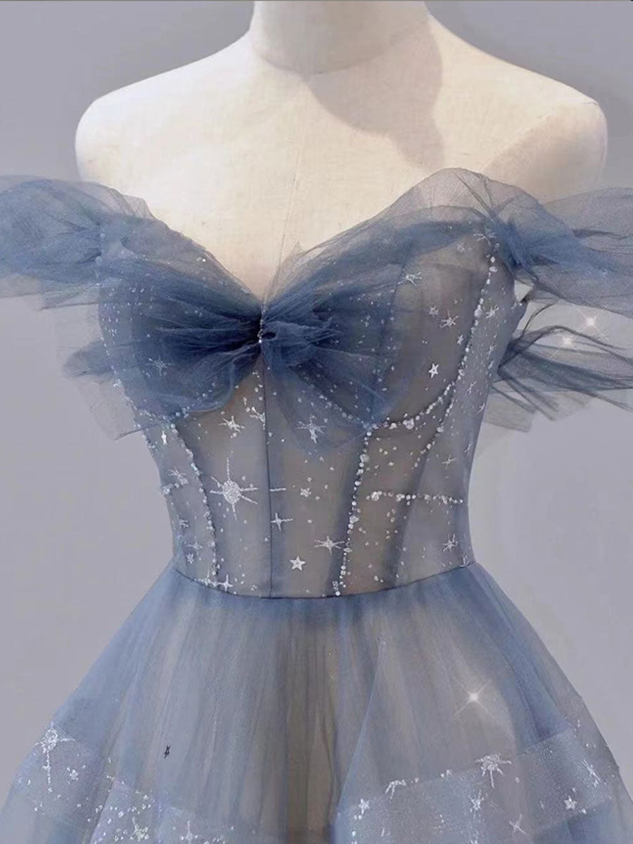 Blue Tulle Off Shoulder Long Formal Prom Dress, Blue Tulle Formal Dress