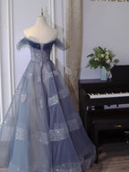 Blue Tulle Off Shoulder Long Formal Prom Dress, Blue Tulle Formal Dress