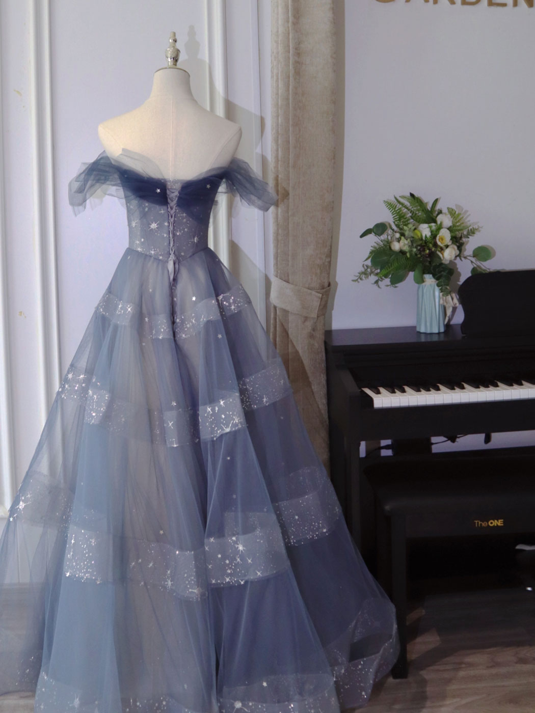 Blue Tulle Off Shoulder Long Formal Prom Dress, Blue Tulle Formal Dress