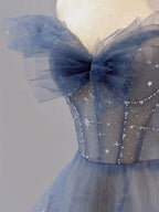 Blue Tulle Off Shoulder Long Formal Prom Dress, Blue Tulle Formal Dress