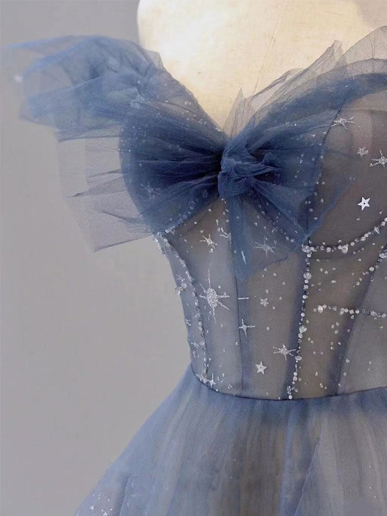 Blue Tulle Off Shoulder Long Formal Prom Dress, Blue Tulle Formal Dress