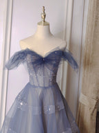Blue Tulle Off Shoulder Long Formal Prom Dress, Blue Tulle Formal Dress
