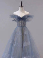 Blue Tulle Off Shoulder Long Formal Prom Dress, Blue Tulle Formal Dress