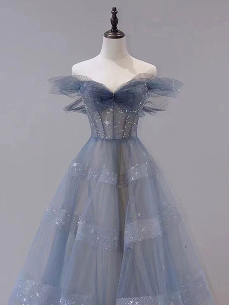 Blue Tulle Off Shoulder Long Formal Prom Dress, Blue Tulle Formal Dress