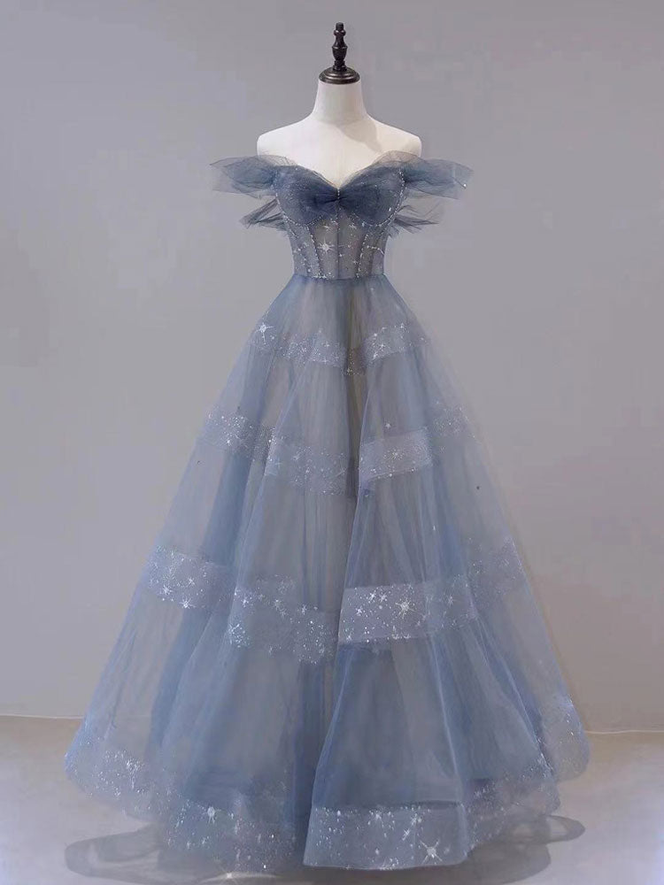 Blue Tulle Off Shoulder Long Formal Prom Dress, Blue Tulle Formal Dress Main image