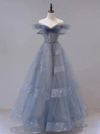 Blue Tulle Off Shoulder Long Formal Prom Dress, Blue Tulle Formal Dress