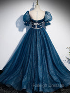 Blue Tulle Off Shoulder Long Prom Dress, Blue Tulle Formal Dress