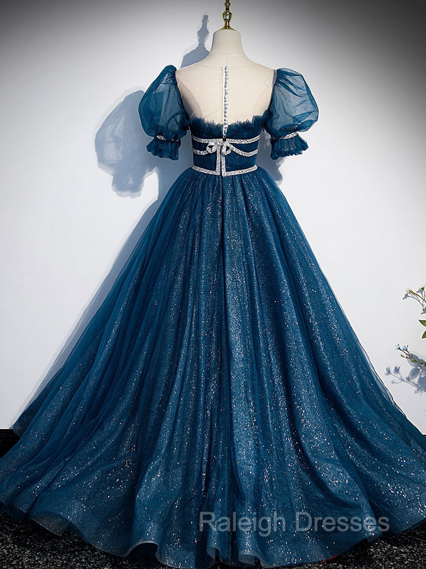 Blue Tulle Off Shoulder Long Prom Dress, Blue Tulle Formal Dress