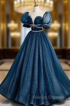 Blue Tulle Off Shoulder Long Prom Dress, Blue Tulle Formal Dress