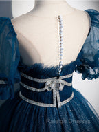 Blue Tulle Off Shoulder Long Prom Dress, Blue Tulle Formal Dress