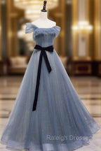 Blue Tulle Off Shoulder Sequin Long Prom Dress Blue Evening Dress