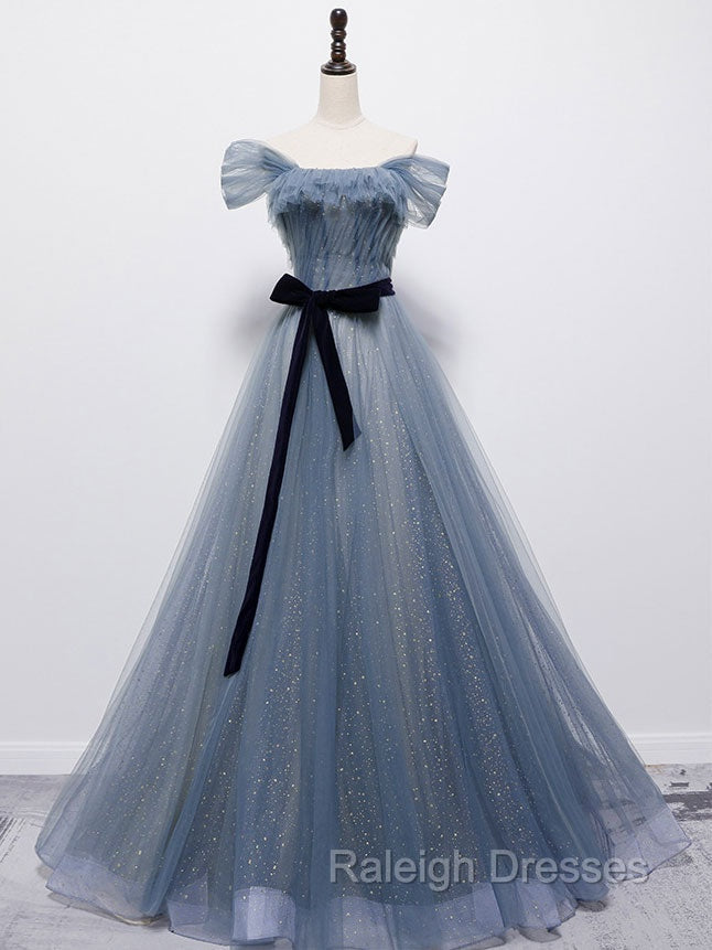 Blue Tulle Off Shoulder Sequin Long Prom Dress Blue Evening Dress Main image