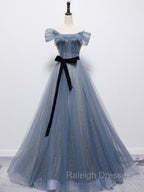 Blue Tulle Off Shoulder Sequin Long Prom Dress Blue Prom Dress