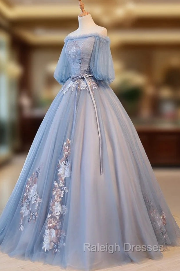Blue Tulle Off Shoulder with Lace Floral Long Prom Dress, Cute Prom Dress Secondary image