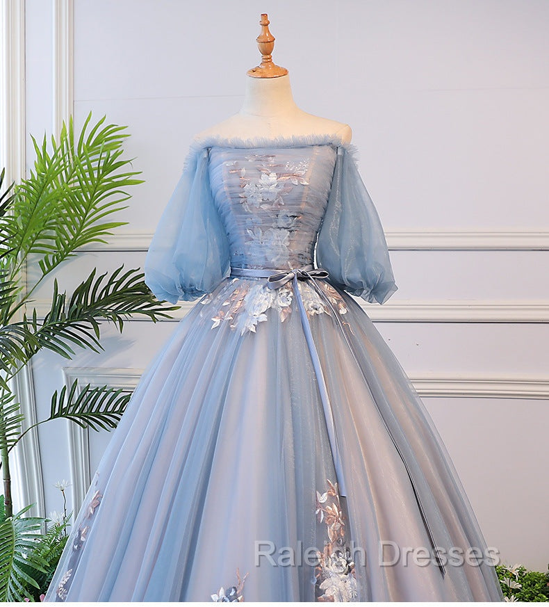 Blue Tulle Off Shoulder with Lace Floral Long Prom Dress, Cute Prom Dress