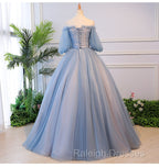 Blue Tulle Off Shoulder with Lace Floral Long Prom Dress, Cute Prom Dress