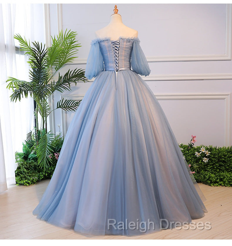 Blue Tulle Off Shoulder with Lace Floral Long Prom Dress, Cute Prom Dress