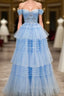 Blue Tulle Off the Shoulder Appliques Tiers Prom Dress