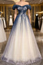 Blue Tulle Off the Shoulder Beading Pleats Prom Dress