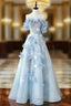 Blue Tulle Off the Shoulder Flower Prom Dress