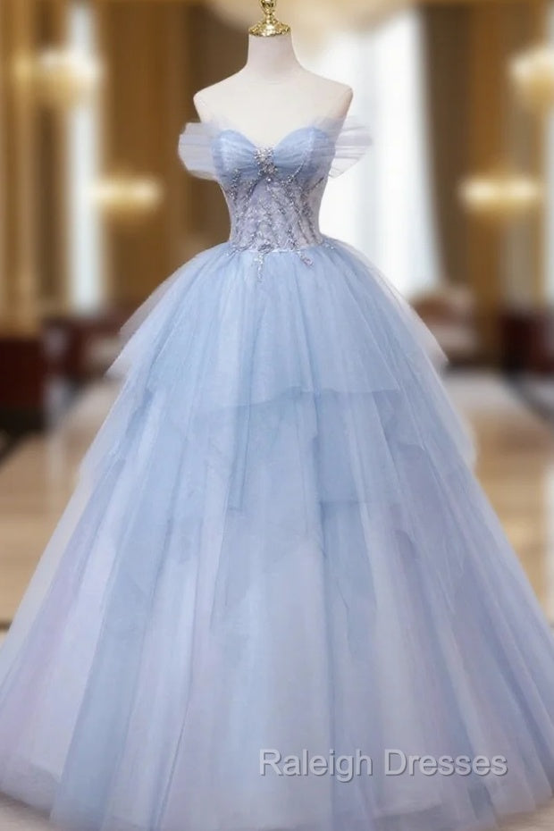 Blue Tulle Off the Shoulder Lace Beading Prom Dress