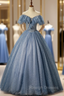 Blue Tulle Off the Shoulder Pearls Quinceanera Dress