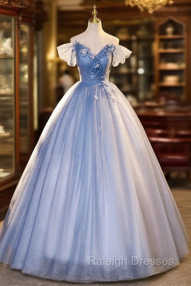 Blue Tulle Off the Shoulder Pleats Appliques Quinceanera Dress