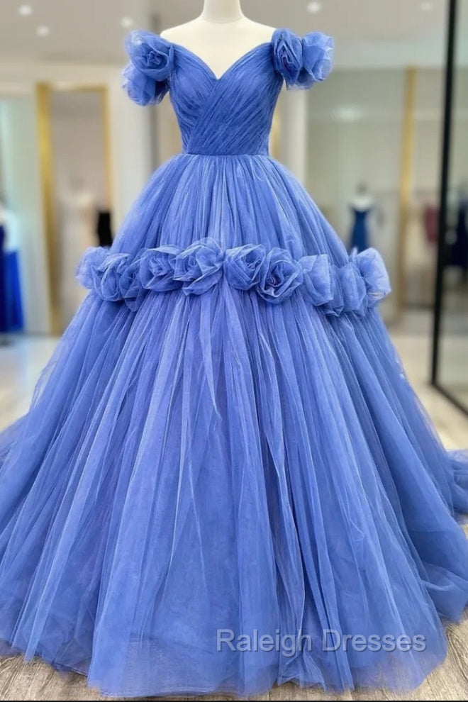 Blue Tulle Off the Shoulder Pleats Flower Prom Dress
