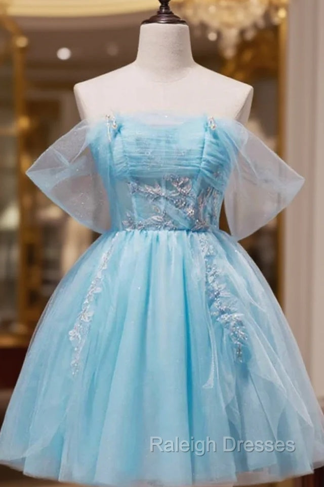 Blue Tulle Off the Shoulder Pleats Homecoming Dress