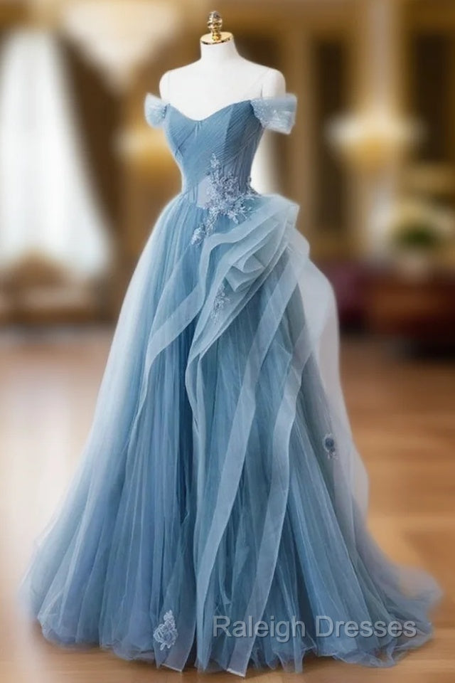 Blue Tulle Off the Shoulder Pleats Prom Dress Main image
