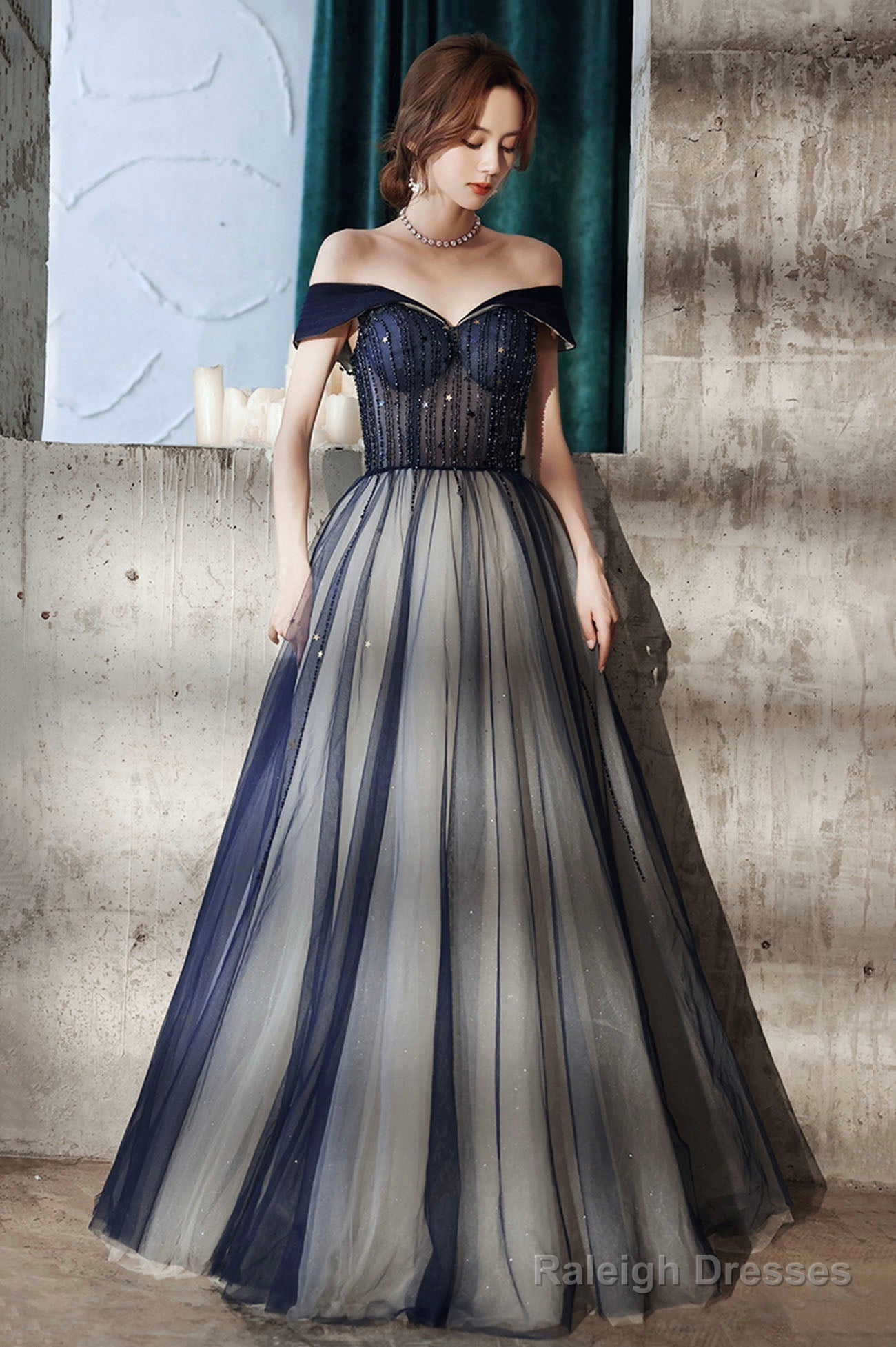 Blue Tulle Off The Shoulder Prom Dress, A-Line Evening Graduation Dress Secondary image