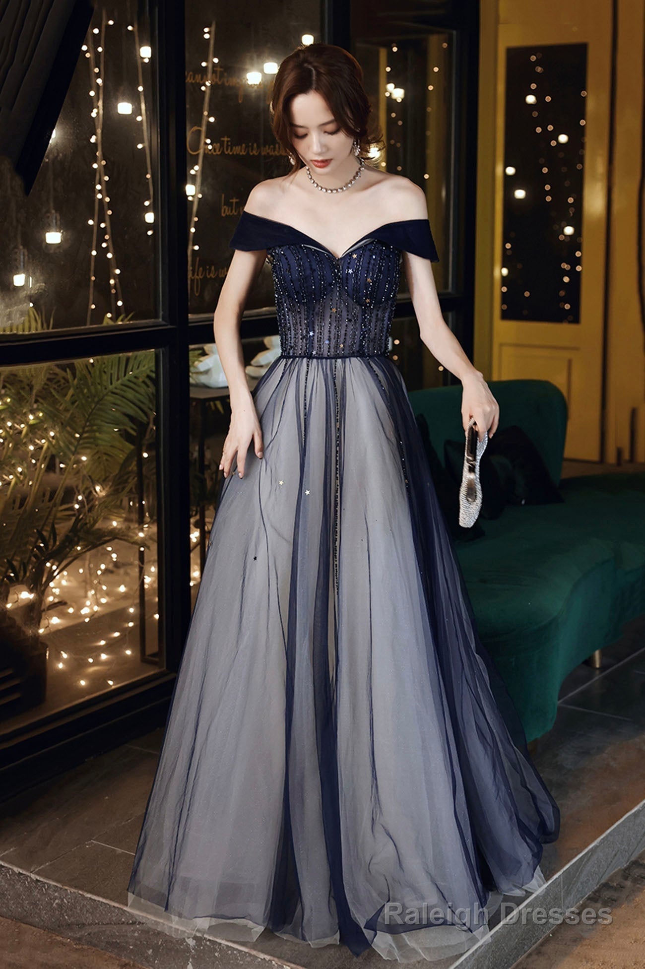 Blue Tulle Off The Shoulder Prom Dress, A-Line Evening Graduation Dress