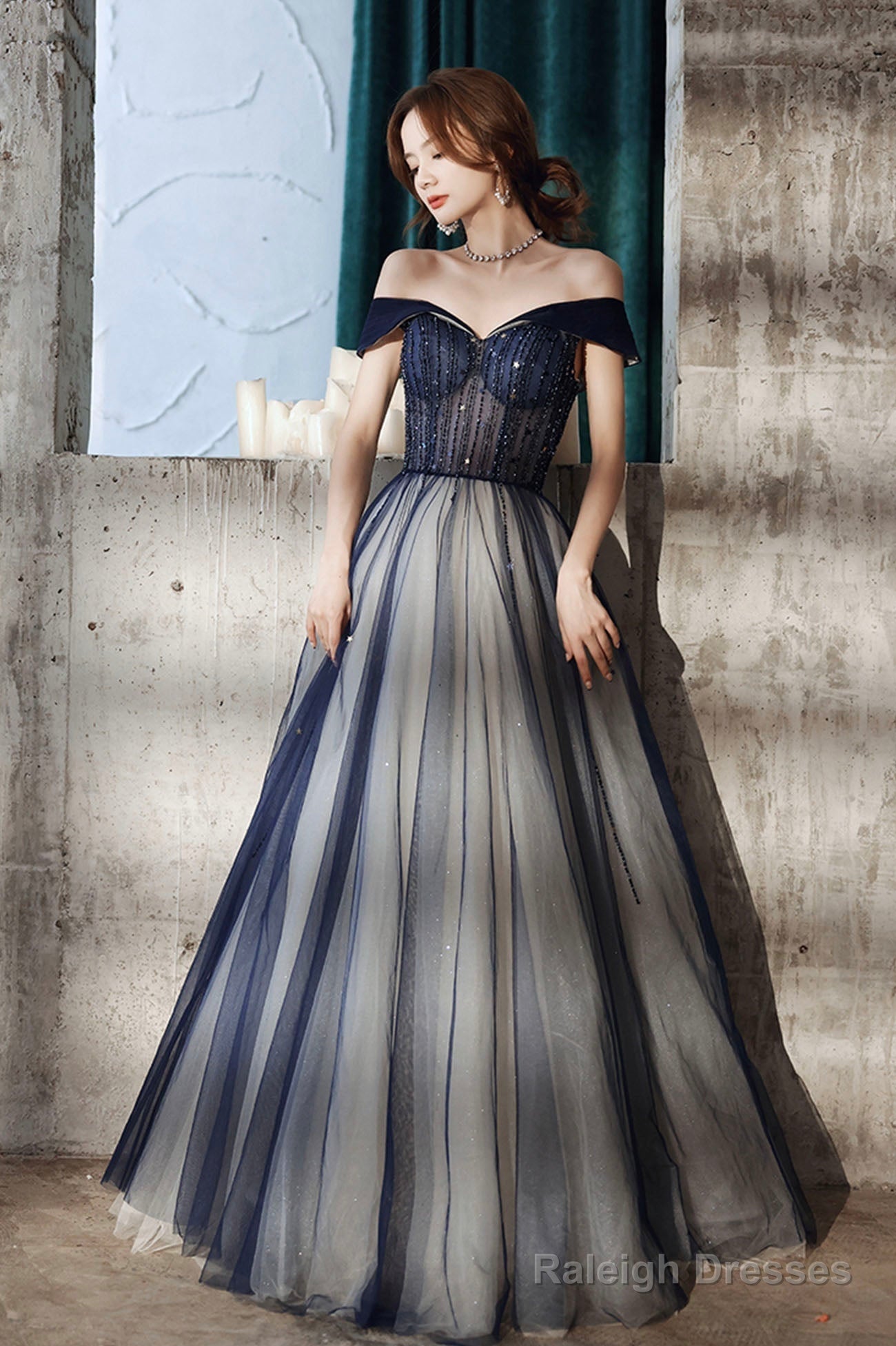 Blue Tulle Off The Shoulder Prom Dress, A-Line Evening Graduation Dress Main image