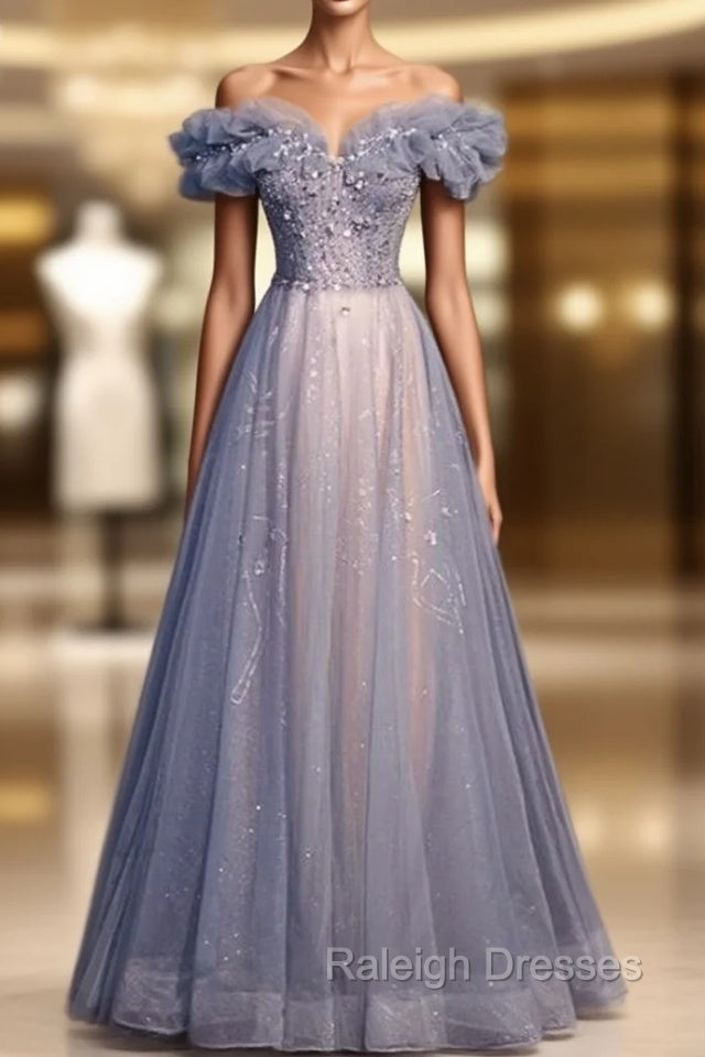 Blue Tulle Off the Shoulder Sequins Beading Prom Dress Main image