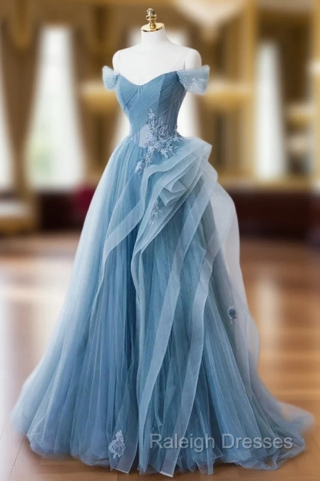 Blue Tulle Off the Shoulder Tulle Appliques Prom Dress Main image