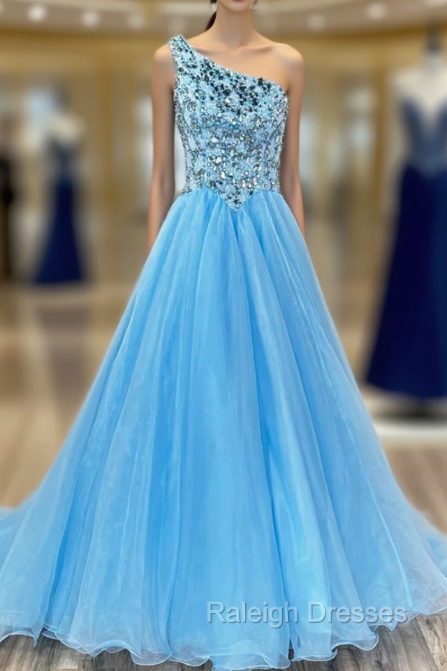 Blue Tulle One Shoulder Sequins Crystal Prom Dress Main image