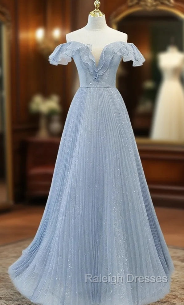 Blue Tulle Pleats Sequins Off the Shoulder Prom Dress