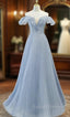 Blue Tulle Pleats Sequins Off the Shoulder Prom Dress