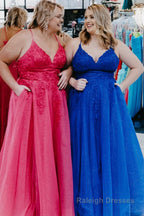 Blue Tulle Plus Size Long Prom Dress with Appliques