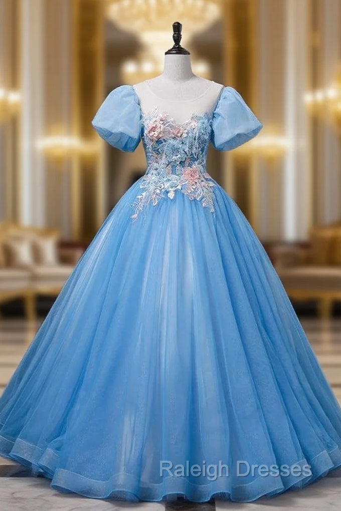 Blue Tulle Puff Sleeve Appliques Quinceanera Dress Main image
