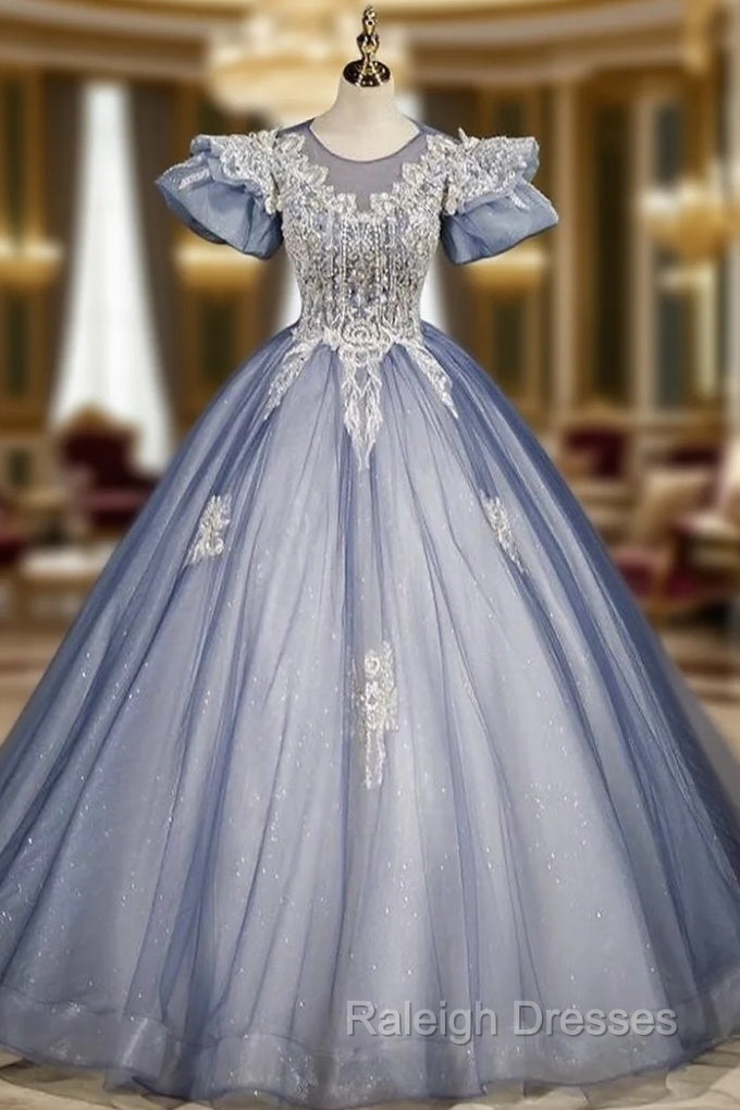 Blue Tulle Puff Sleeve Backless Beading Quinceanera Dress Main image