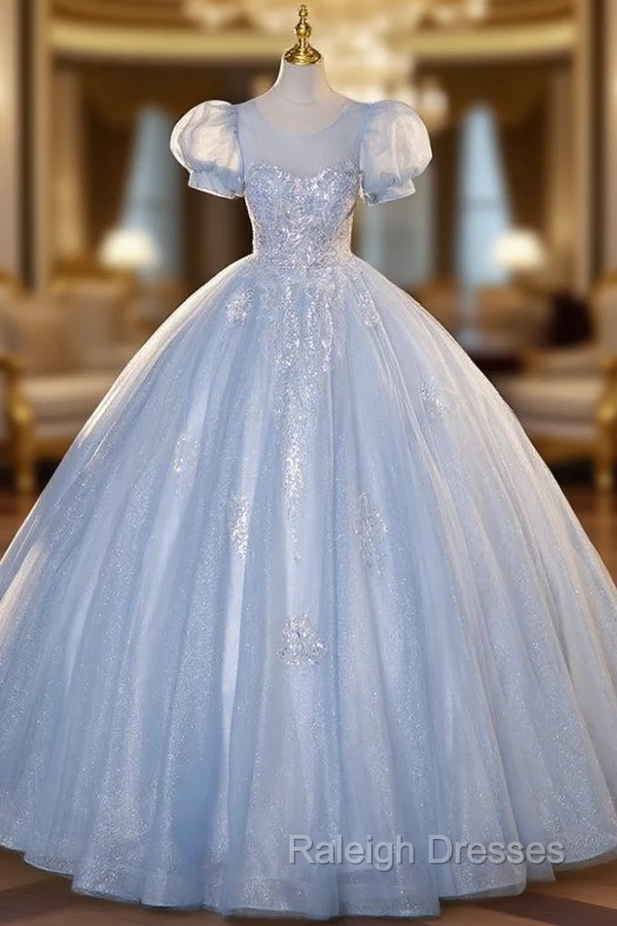 Blue Tulle Puff Sleeve Backless Sequins Quinceanera Dress Main image