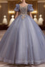 Blue Tulle Puff Sleeve Beading Pearls Quinceanera Dress