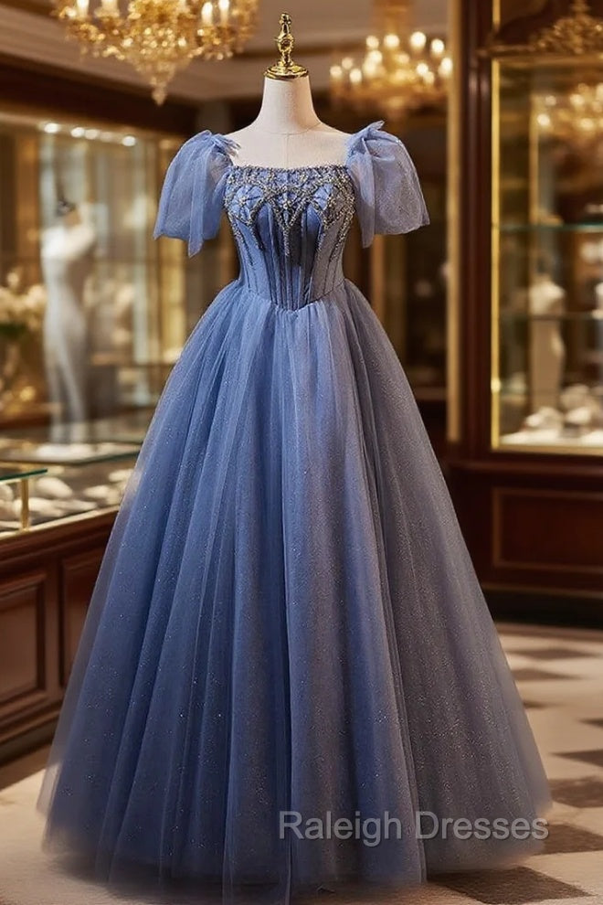 Blue Tulle Puff Sleeve Beading Prom Dress Main image