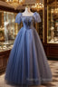 Blue Tulle Puff Sleeve Beading Prom Dress