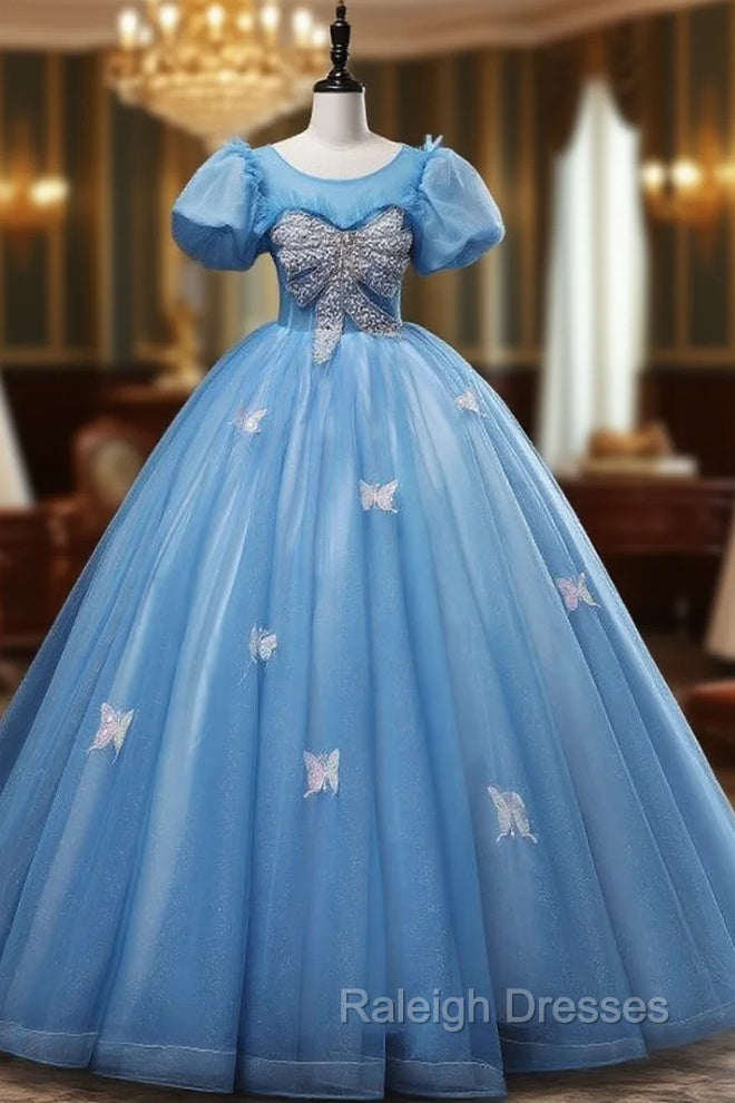 Blue Tulle Puff Sleeve Beading Quinceanera Dress