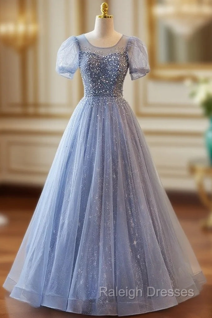 Blue Tulle Puff Sleeve Beading Sequins Prom Dresses
