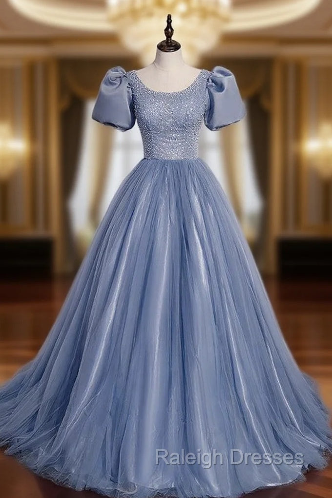 Blue Tulle Puff Sleeve Pearls Prom Dress