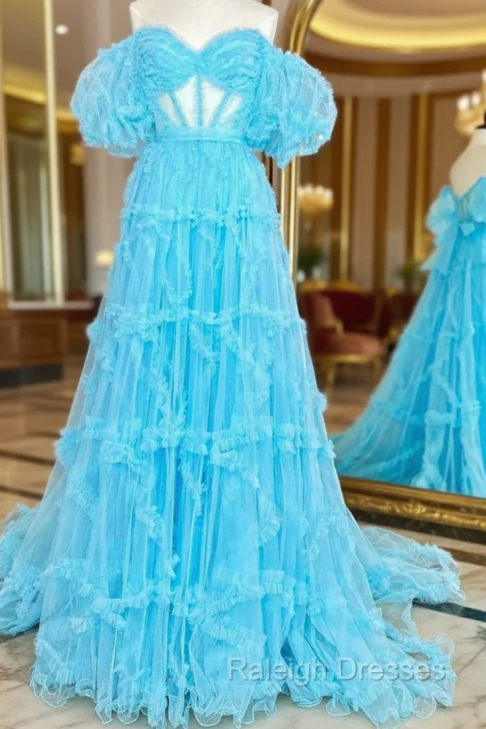 Blue Tulle Puff Sleeve Prom Dress Main image